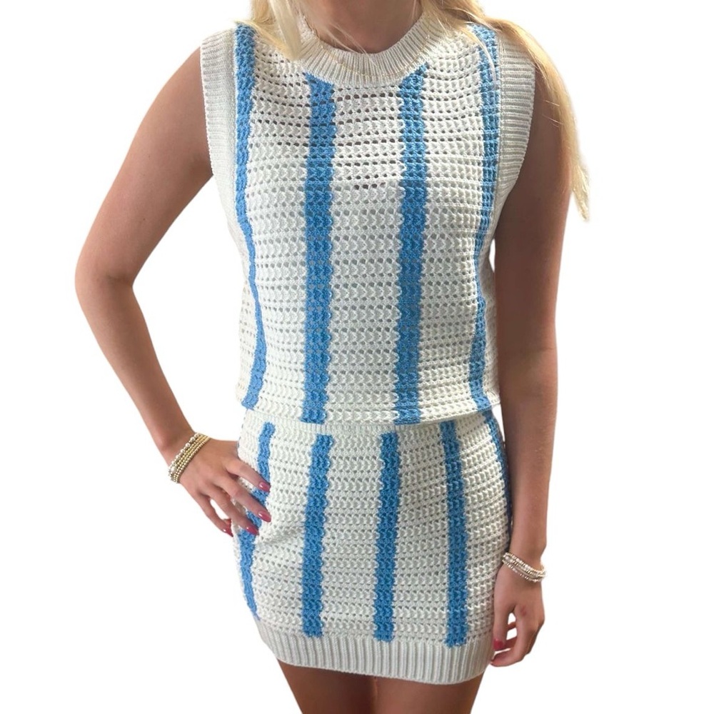 Blue and White Crochet Strut and Bolt Skirt Set